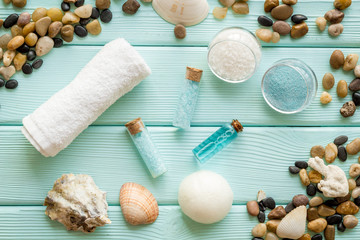 Plakat Lauout of blue sea spa cosmetics. Top view