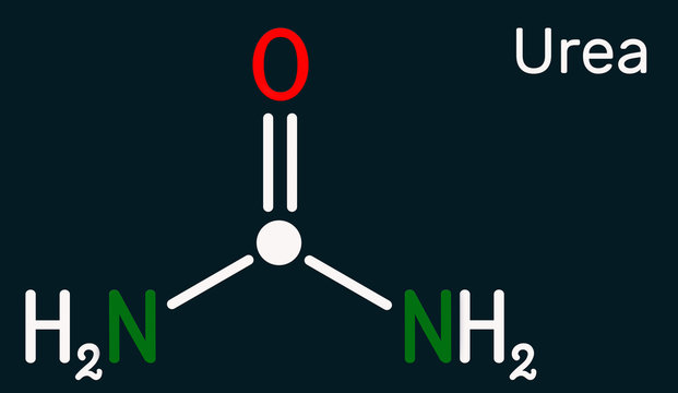 Urea, carbamide molecule. It is a nitrogenous compound containing a carbonyl group, is used as fertilizer, in cosmetics. Skeletal chemical formula. Dark blue background