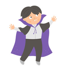Boy dressed like a vampire. Cute vector Halloween kid character. Child in scary Dracula costume. Funny autumn all saints eve illustration. Samhain dress party design. .