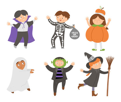 Set of cute vector Halloween characters. Children in scary costumes collection. Funny autumn all saints eve illustration with vampire, ghost, pumpkin, Frankenstein. Samhain dress party design. .