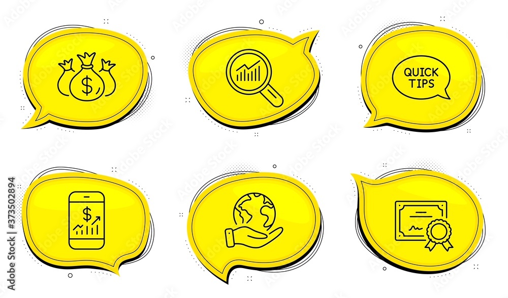 Poster mobile finance sign. diploma certificate, save planet chat bubbles. data analysis, quickstart guide 