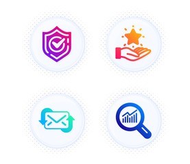 Loyalty program, Refresh mail and Confirmed icons simple set. Button with halftone dots. Data analysis sign. Bonus star, New e-mail, Accepted message. Magnifying glass. Business set. Vector