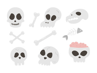 Set of vector skulls and bones. Halloween party illustration with human and animal skeletons. Scary design for Autumn Samhain party. All saints day elements collection..