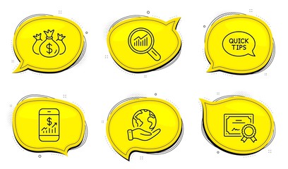 Mobile finance sign. Diploma certificate, save planet chat bubbles. Data analysis, Quickstart guide and Check investment line icons set. Magnifying glass, Helpful tricks, Business report. Vector