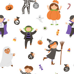 Vector seamless pattern with cute Halloween characters. Digital paper with children in scary costumes. Funny autumn all saints eve background with vampire, ghost, pumpkin, Frankenstein..