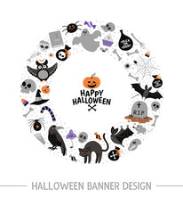 Vector round frame with Halloween elements. Traditional Samhain party clipart. Scary design for banners, posters, invitations. Cute Autumn holiday card template in circle shape..
