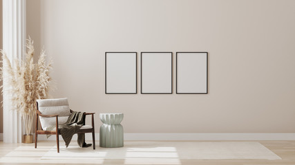 Blank poster frame on wall in minimalist modern living room interior background, living room mock up in scandinavian style, 3d rendering 