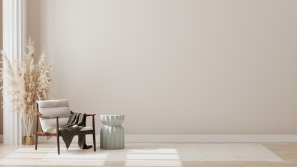 Minimalist modern living room interior background, living room mock up in scandinavian style, empty wall mockup, 3d rendering  - obrazy, fototapety, plakaty