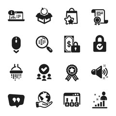 Set of Technology icons, such as Scroll down, Loyalty points. Certificate, approved group, save planet. Stats, Shower, Online documentation. Password encryption, Search text, Quote bubble. Vector