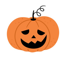 Vector jack-o-lantern icon. Halloween scary pumpkin character. Autumn all saints eve illustration. Samhain party sign design for kids. .