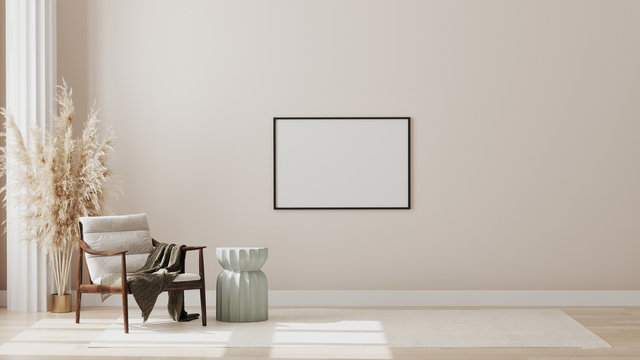 Blank picture frame on wall in minimalist modern living room interior background, living room mock up in scandinavian style, 3d rendering 