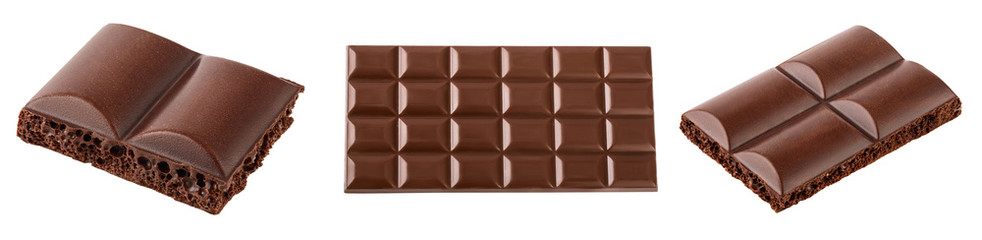 Small dark chocolate pieces isolated on white background with clipping path. Set or collection