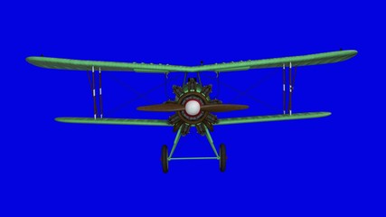 Old propeller biplane airplane. Front view. Blue screen background. 3d rendering © Laricha