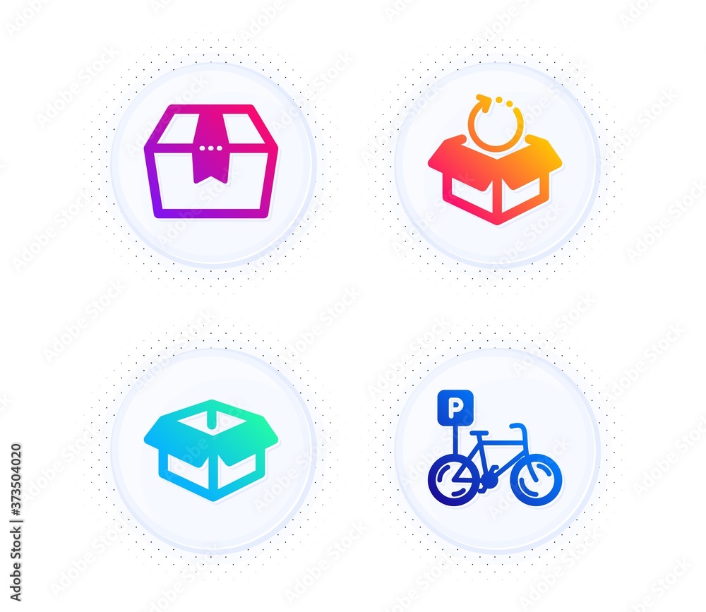 Poster package box, return package and opened box icons simple set. button with halftone dots. bicycle park