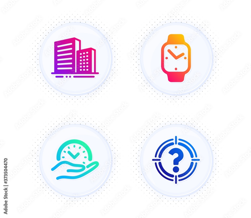 Poster buildings, smartwatch and safe time icons simple set. button with halftone dots. headhunter sign. ci