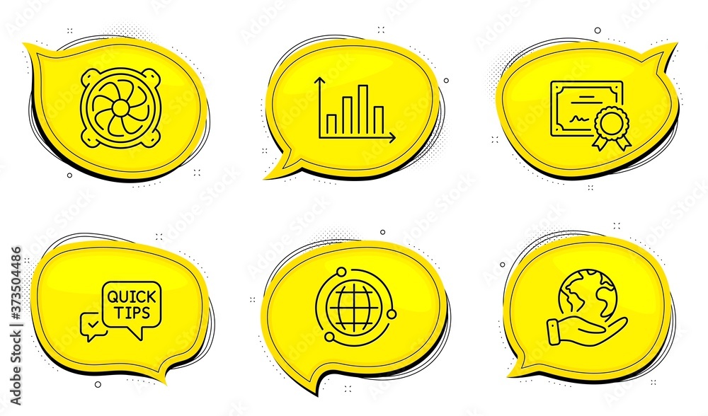 Poster quick tips sign. diploma certificate, save planet chat bubbles. globe, diagram graph and computer fa