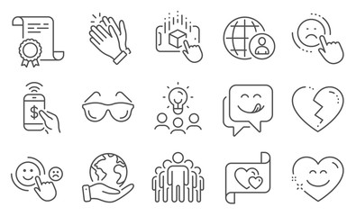 Set of People icons, such as Yummy smile, Clapping hands. Diploma, ideas, save planet. Phone payment, Group, Broken heart. Dislike, Augmented reality, Smile chat. Vector