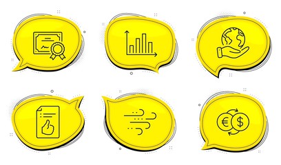 Money exchange sign. Diploma certificate, save planet chat bubbles. Diagram graph, Approved document and Windy weather line icons set. Presentation chart, Like symbol, Wind. Eur to usd. Vector
