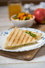 Close up of grilled sandwich in a plate on a platter with use of selective focus and background blurred