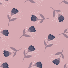 Random located folk flower figures in navy color seamless pattern. Light lilac background.