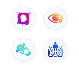 Head, Touchscreen gesture and Farsightedness icons simple set. Button with halftone dots. Augmented reality sign. Profile messages, Drag drop, Eye vision. Phone simulation. People set. Vector
