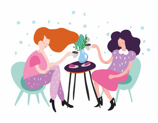 Flat illustration, girls in cafes, happiness, comfort, joy, friendship.