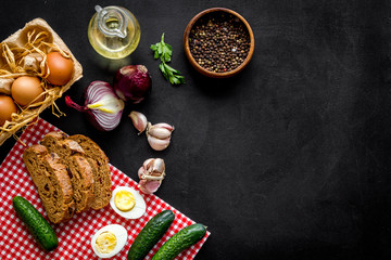 Country dinner table with fresh homemade food. Overhead view
