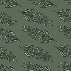 Pale dark foliage silhouettes seamless pattern. Vintage branches on simple print in green tones.