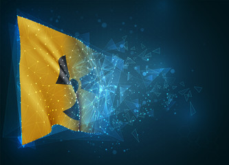 radiation sign on a yellow background in 3d vector flag, virtual abstract 3D object from triangular polygons on a blue background