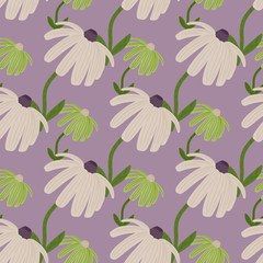 Pastel tones sunflower print seamless pattern. Stylized botanic ornament with beige and green flowers on light purple background.