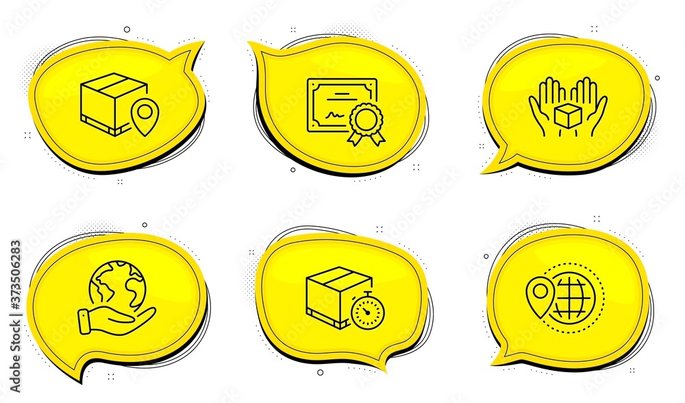 Wall mural World travel sign. Diploma certificate, save planet chat bubbles. Hold box, Delivery timer and Parcel tracking line icons set. Delivery parcel, Express logistics, Package location pin. Vector