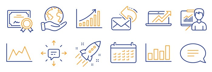 Set of Education icons, such as Presentation, Share mail. Certificate, save planet. Sales diagram, Calendar, Sms. Startup rocket, Graph chart, Chat. Report diagram line icons. Vector