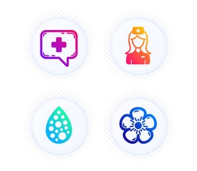 Medical chat, Artificial colors and Hospital nurse icons simple set. Button with halftone dots. Natural linen sign. Medicine help, Natural flavor, Medical assistant. Organic tested. Vector
