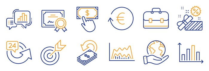 Set of Finance icons, such as Cashback, Sale. Certificate, save planet. 24 hours, Portfolio, Exchange currency. Target, Graph chart, Trade chart. Payment click, Diagram graph line icons. Vector