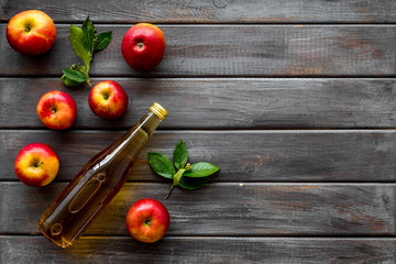 Bottle of apple organic vinegar or cider. Top view, copy space