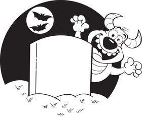 Black and white illustration of a blank gravestone with a monster behind it.