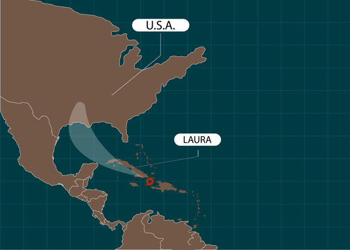 Storm Laura Moves Into The USA, Gulf Of Mexico. World Map. Vector Illustration. EPS 10