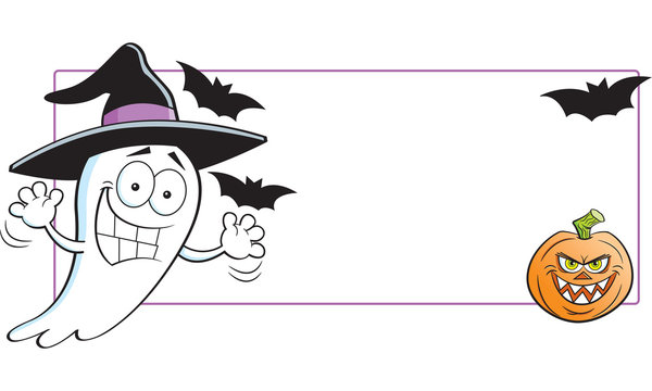 Cartoon illustration of a ghost wearing a witch hat next to a banner with a pumpkin and bats.