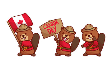 set of cute beaver canada day mascot logo with optional appearance. premium kawaii vector  © Yoteyo