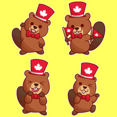 set of cute beaver canada day mascot logo with optional appearance. premium kawaii vector