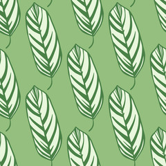 Dark green contoured white outline leaf seamless pattern. Light green background. Spring print.