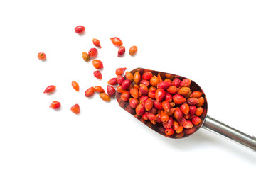 Fresh berries of wild rose in a metal scoop on a white background. Close-up