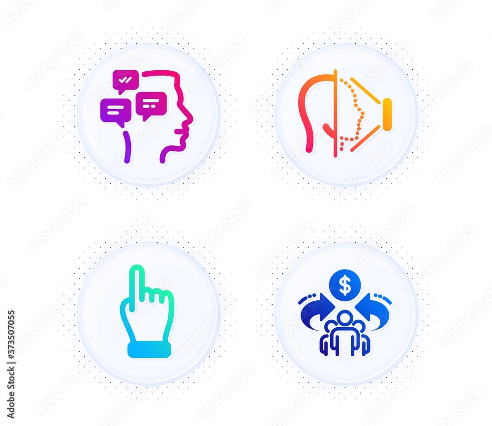 Poster messages, face id and click hand icons simple set. button with halftone dots. sharing economy sign. 