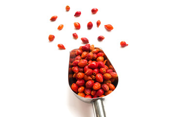 Fresh berries of wild rose in a metal scoop on a white background. Close-up