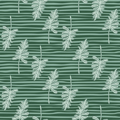 Floral seamless pattern with foliage shapes. Green stripped background with hand drawn ornament.