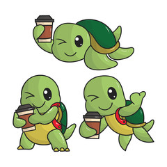 set of cute turtle coffee mascot logo with optional apprearance. premium kawaii vector
