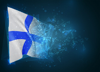 Finland,  vector flag, virtual abstract 3D object from triangular polygons on a blue background