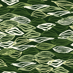 Botanic abstract leaf elements seamless pattern. Outline contoured ornament in green tones. Stylized print.