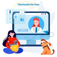 Vet examining pets online. Video chat with doctor. Telemedicine for animals. Remote Veterinary help. Conference service patient and Veterinarian.