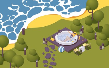 Vector isometric large outdoor spa pool near the beach, lightning and accessories for bath and hot tub